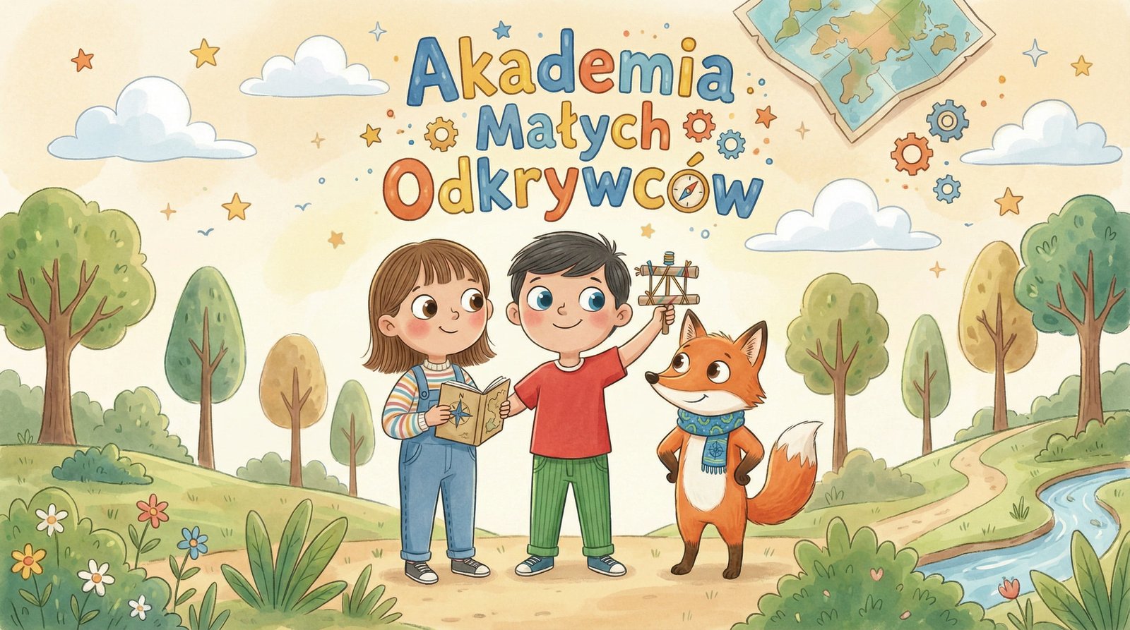 Okładka serii „Akademia Małych Odkrywców” — Zosia, Kuba i lisek Niko