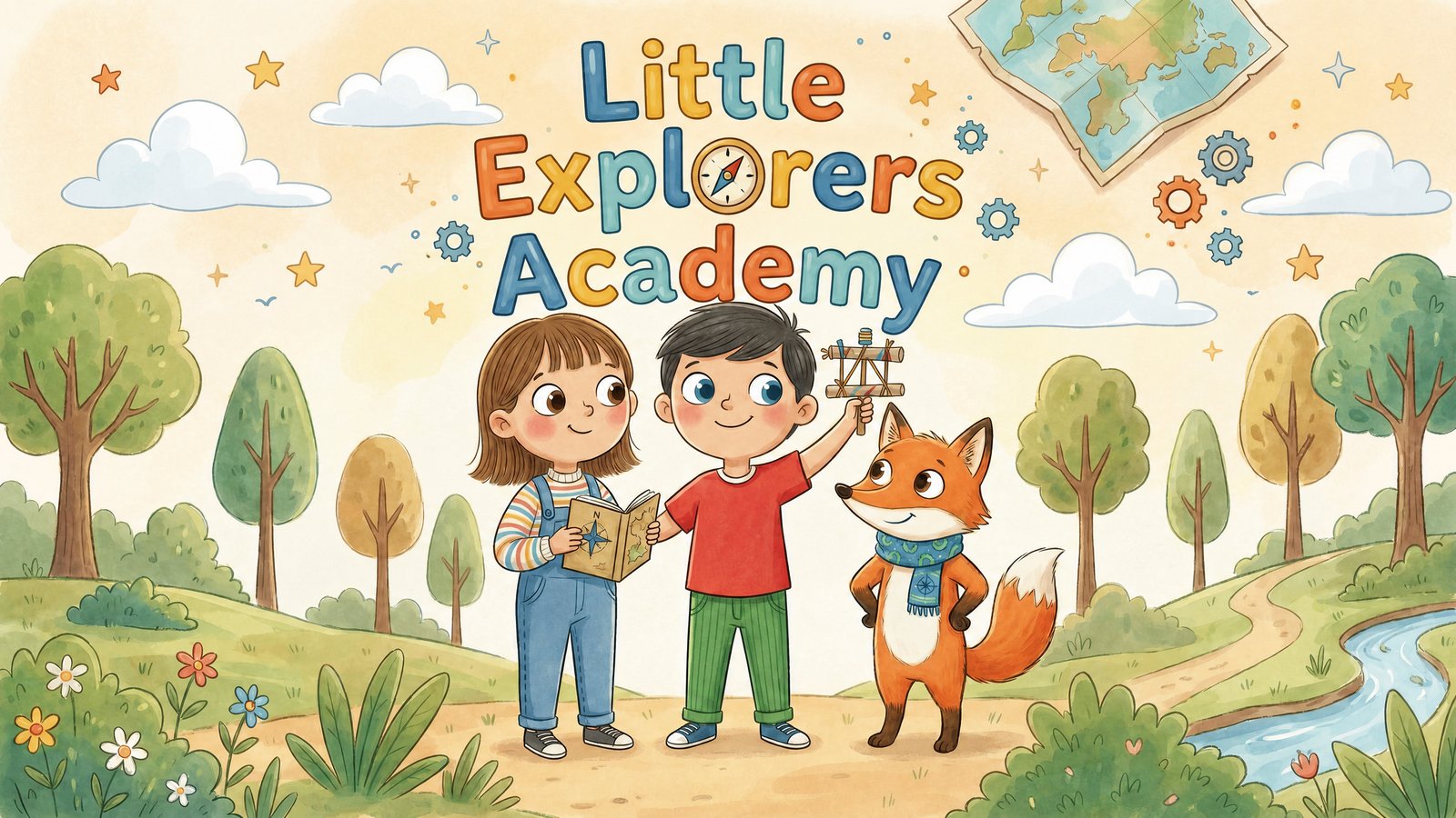 Sophie, Jack, and Niko the fox on the cover of Little Explorers Academy