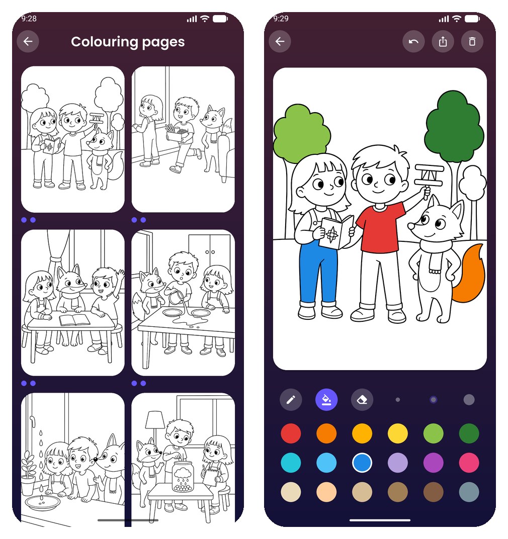 Coloring pages for Little Explorers Academy in the app: the list of pages and one being colored