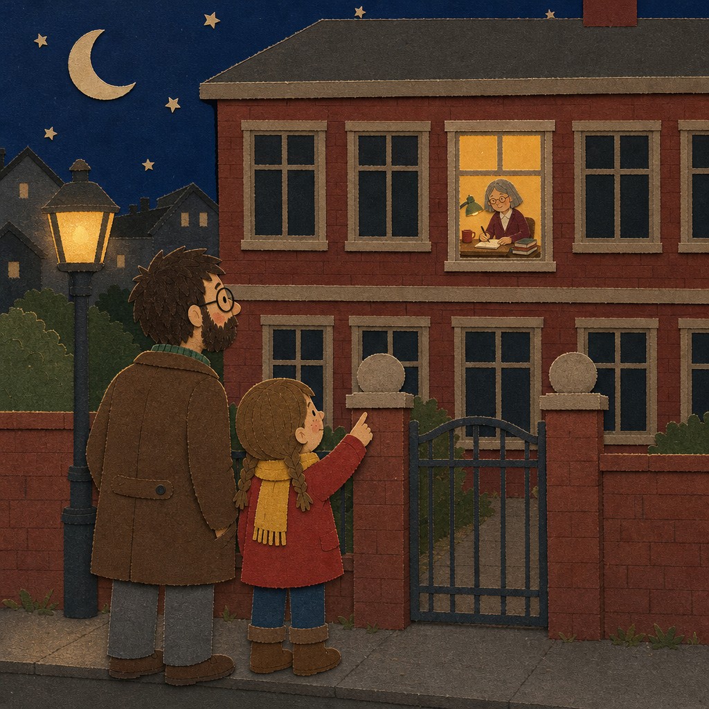 Maya and Dad outside the school at dusk; Miss Eva grades notebooks in a lit window
